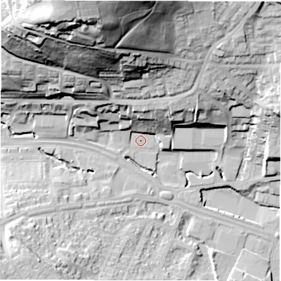 Shaded relief map of the ground around LS124UY, computed from Environment Agency LiDAR. The ground here sits at about 45 m above sea level and falls 63 m across the surrounding 800 m. Surface water reaching this point runs off ground lying to the north-north-west, 58.9 m higher.