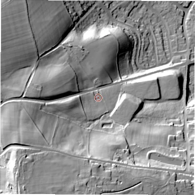 Shaded relief map of the ground around LS125EQ, computed from Environment Agency LiDAR. The ground here sits at about 94 m above sea level and falls 81 m across the surrounding 800 m. Surface water reaching this point runs off ground lying to the west-south-west, 15.4 m higher.