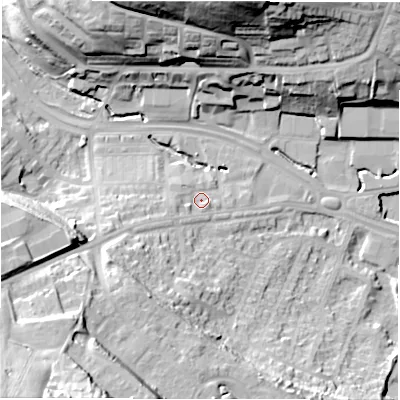 Shaded relief map of the ground around LS125LT, computed from Environment Agency LiDAR. The ground here sits at about 49 m above sea level and falls 47 m across the surrounding 800 m. Surface water reaching this point runs off ground lying to the west-south-west, 4.2 m higher.