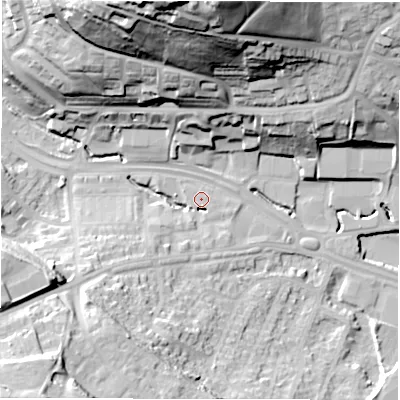 Shaded relief map of the ground around LS125LW, computed from Environment Agency LiDAR. The ground here sits at about 46 m above sea level and falls 59 m across the surrounding 800 m. Surface water reaching this point runs off ground lying to the south-west, 9.0 m higher.