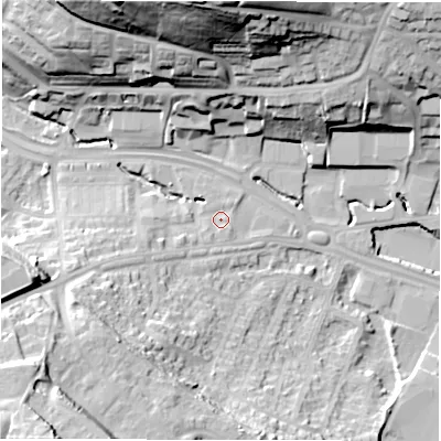 Shaded relief map of the ground around LS125NJ, computed from Environment Agency LiDAR. The ground here sits at about 47 m above sea level and falls 48 m across the surrounding 800 m. Surface water reaching this point runs off ground lying to the south-west, 2.4 m higher.