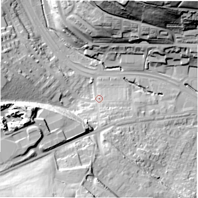 Shaded relief map of the ground around LS125NR, computed from Environment Agency LiDAR. The ground here sits at about 49 m above sea level and falls 49 m across the surrounding 800 m. Surface water reaching this point runs off ground lying to the south-west, 24.9 m higher.