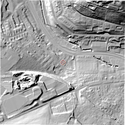 Shaded relief map of the ground around LS125NY, computed from Environment Agency LiDAR. The ground here sits at about 49 m above sea level and falls 57 m across the surrounding 800 m. Surface water reaching this point runs off ground lying to the west, 20.9 m higher.