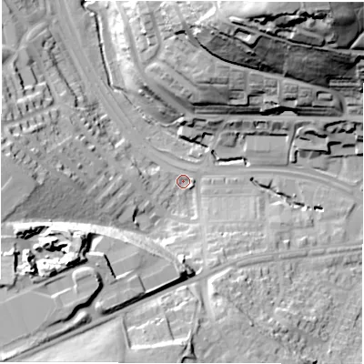 Shaded relief map of the ground around LS125PH, computed from Environment Agency LiDAR. The ground here sits at about 46 m above sea level and falls 59 m across the surrounding 800 m. Surface water reaching this point runs off ground lying to the south-west, 30.6 m higher.
