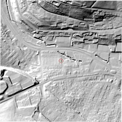 Shaded relief map of the ground around LS125PS, computed from Environment Agency LiDAR. The ground here sits at about 48 m above sea level and falls 52 m across the surrounding 800 m. Surface water reaching this point runs off ground lying to the south-west, 10.9 m higher.