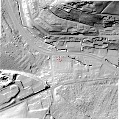 Shaded relief map of the ground around LS125PT, computed from Environment Agency LiDAR. The ground here sits at about 47 m above sea level and falls 59 m across the surrounding 800 m. Surface water reaching this point runs off ground lying to the south, 9.6 m higher.