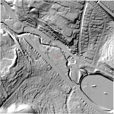 Shaded relief map of the ground around LS125QB, computed from Environment Agency LiDAR. The ground here sits at about 55 m above sea level and falls 47 m across the surrounding 800 m. Surface water reaching this point runs off ground lying to the west, 4.0 m higher.