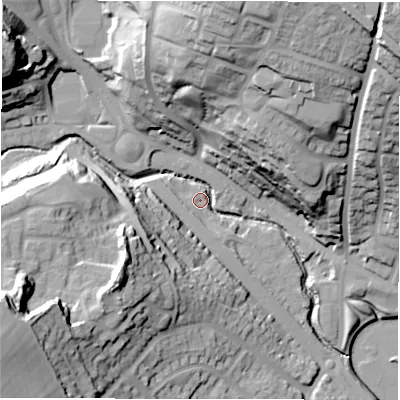 Shaded relief map of the ground around LS125QD, computed from Environment Agency LiDAR. The ground here sits at about 56 m above sea level and falls 56 m across the surrounding 800 m. Surface water reaching this point runs off ground lying to the south-west, 49.3 m higher.