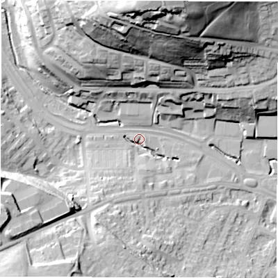 Shaded relief map of the ground around LS125SG, computed from Environment Agency LiDAR. The ground here sits at about 46 m above sea level and falls 60 m across the surrounding 800 m. Surface water reaching this point runs off ground lying to the west-south-west, 26.3 m higher.