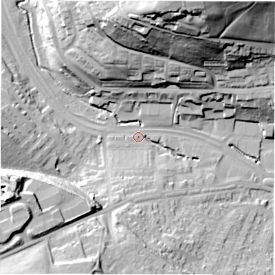 Shaded relief map of the ground around LS125SR, computed from Environment Agency LiDAR. The ground here sits at about 47 m above sea level and falls 60 m across the surrounding 800 m. Surface water reaching this point runs off ground lying to the west-south-west, 30.3 m higher.