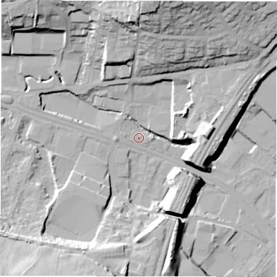 Shaded relief map of the ground around LS126AB, computed from Environment Agency LiDAR. The ground here sits at about 42 m above sea level and falls 35 m across the surrounding 800 m. Surface water reaching this point runs off ground lying to the north, 31.0 m higher.