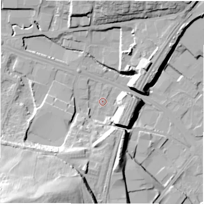 Shaded relief map of the ground around LS126AJ, computed from Environment Agency LiDAR. The ground here sits at about 41 m above sea level and falls 55 m across the surrounding 800 m. Surface water reaching this point runs off ground lying to the south-west, 53.1 m higher.