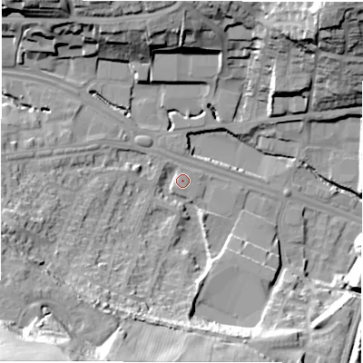 Shaded relief map of the ground around LS126AN, computed from Environment Agency LiDAR. The ground here sits at about 45 m above sea level and falls 48 m across the surrounding 800 m. Surface water reaching this point runs off ground lying to the south-west, 43.6 m higher.
