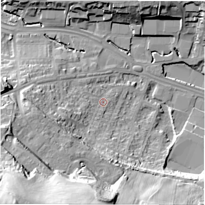 Shaded relief map of the ground around LS126AP, computed from Environment Agency LiDAR. The ground here sits at about 49 m above sea level and falls 64 m across the surrounding 800 m. Surface water reaching this point runs off ground lying to the south-west, 56.9 m higher.