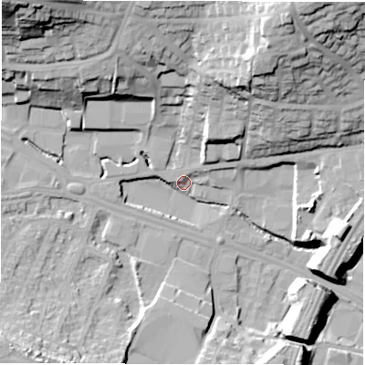 Shaded relief map of the ground around LS126AQ, computed from Environment Agency LiDAR. The ground here sits at about 44 m above sea level and falls 46 m across the surrounding 800 m. Surface water reaching this point runs off ground lying to the north-north-east, 38.5 m higher.