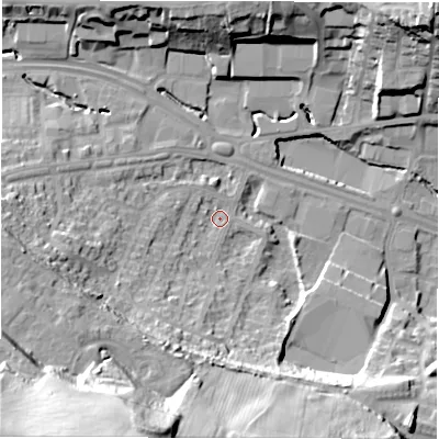 Shaded relief map of the ground around LS126AW, computed from Environment Agency LiDAR. The ground here sits at about 45 m above sea level and falls 57 m across the surrounding 800 m. Surface water reaching this point runs off ground lying to the south-west, 52.5 m higher.