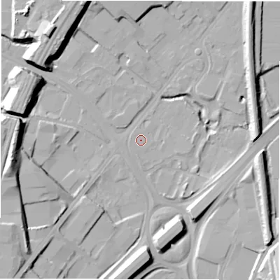 Shaded relief map of the ground around LS126BG, computed from Environment Agency LiDAR. The ground here sits at about 40 m above sea level and falls 24 m across the surrounding 800 m. Surface water reaching this point runs off ground lying to the south-west, 19.5 m higher.