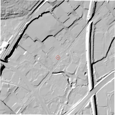 Shaded relief map of the ground around LS126DG, computed from Environment Agency LiDAR. The ground here sits at about 40 m above sea level and falls 27 m across the surrounding 800 m. Surface water reaching this point runs off ground lying to the north, 18.3 m higher.