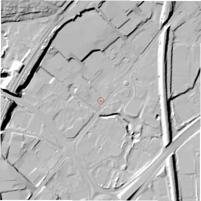 Shaded relief map of the ground around LS126DQ, computed from Environment Agency LiDAR. The ground here sits at about 40 m above sea level and falls 25 m across the surrounding 800 m. Surface water reaching this point runs off ground lying to the west-south-west, 17.9 m higher.