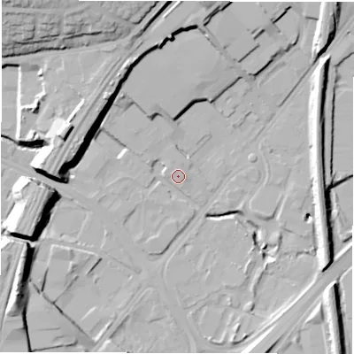 Shaded relief map of the ground around LS126DS, computed from Environment Agency LiDAR. The ground here sits at about 41 m above sea level and falls 28 m across the surrounding 800 m. Surface water reaching this point runs off ground lying to the south-west, 22.9 m higher.