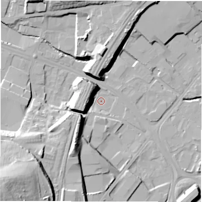 Shaded relief map of the ground around LS126DU, computed from Environment Agency LiDAR. The ground here sits at about 40 m above sea level and falls 52 m across the surrounding 800 m. Surface water reaching this point runs off ground lying to the south-west, 36.3 m higher.