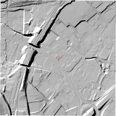 Shaded relief map of the ground around LS126EG, computed from Environment Agency LiDAR. The ground here sits at about 41 m above sea level and falls 35 m across the surrounding 800 m. Surface water reaching this point runs off ground lying to the north-north-west, 1.0 m higher.