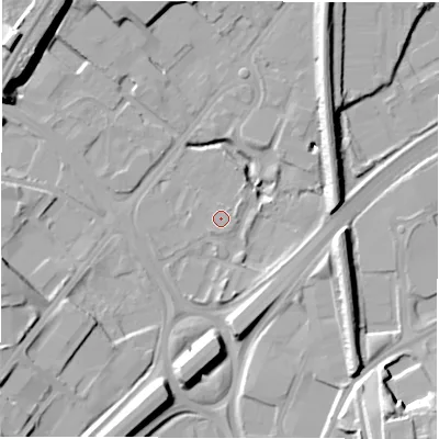 Shaded relief map of the ground around LS126FE, computed from Environment Agency LiDAR. The ground here sits at about 40 m above sea level and falls 23 m across the surrounding 800 m. Surface water reaching this point runs off ground lying to the south-west, 17.0 m higher.