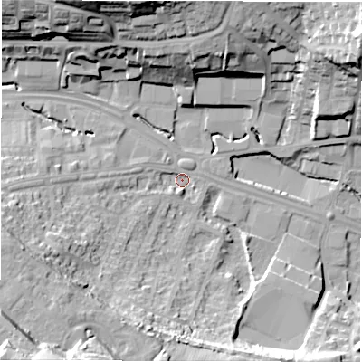Shaded relief map of the ground around LS126LA, computed from Environment Agency LiDAR. The ground here sits at about 44 m above sea level and falls 43 m across the surrounding 800 m. Surface water reaching this point runs off ground lying to the south-west, 38.3 m higher.
