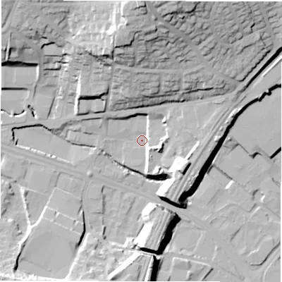 Shaded relief map of the ground around LS126LL, computed from Environment Agency LiDAR. The ground here sits at about 43 m above sea level and falls 41 m across the surrounding 800 m. Surface water reaching this point runs off ground lying to the east-south-east, 13.8 m higher.