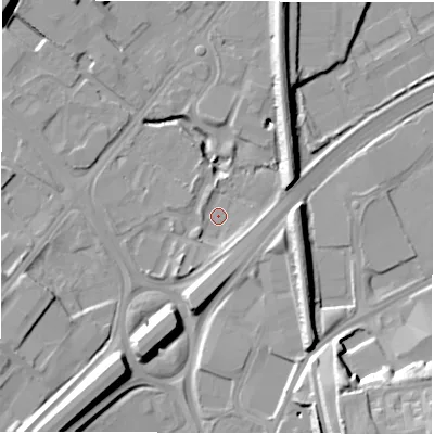 Shaded relief map of the ground around LS126LX, computed from Environment Agency LiDAR. The ground here sits at about 40 m above sea level and falls 26 m across the surrounding 800 m. Surface water reaching this point runs off ground lying to the south-east, 14.9 m higher.