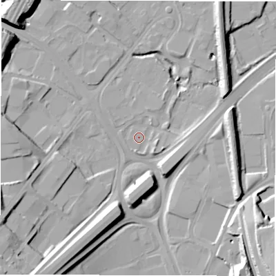Shaded relief map of the ground around LS126NJ, computed from Environment Agency LiDAR. The ground here sits at about 40 m above sea level and falls 27 m across the surrounding 800 m. Surface water reaching this point runs off ground lying to the south-west, 17.1 m higher.