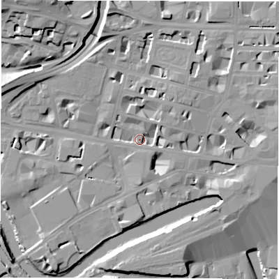 Shaded relief map of the ground around LS12AY, computed from Environment Agency LiDAR. The ground here sits at about 31 m above sea level and falls 20 m across the surrounding 800 m. Surface water reaching this point runs off ground lying to the north-east, 15.3 m higher.
