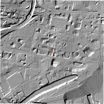 Shaded relief map of the ground around LS12DZ, computed from Environment Agency LiDAR. The ground here sits at about 30 m above sea level and falls 23 m across the surrounding 800 m. Surface water reaching this point runs off ground lying to the north-east, 17.8 m higher.