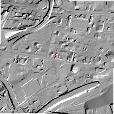 Shaded relief map of the ground around LS12EQ, computed from Environment Agency LiDAR. The ground here sits at about 29 m above sea level and falls 22 m across the surrounding 800 m. Surface water reaching this point runs off ground lying to the north-east, 13.2 m higher.