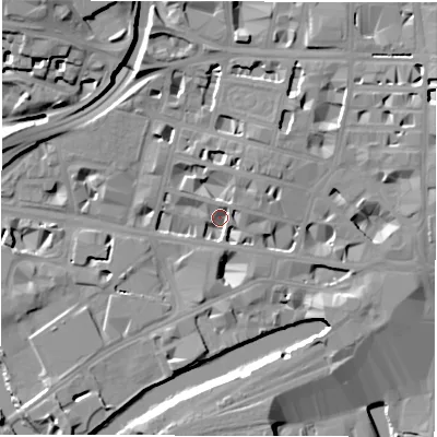 Shaded relief map of the ground around LS12EU, computed from Environment Agency LiDAR. The ground here sits at about 31 m above sea level and falls 22 m across the surrounding 800 m. Surface water reaching this point runs off ground lying to the north-east, 17.5 m higher.
