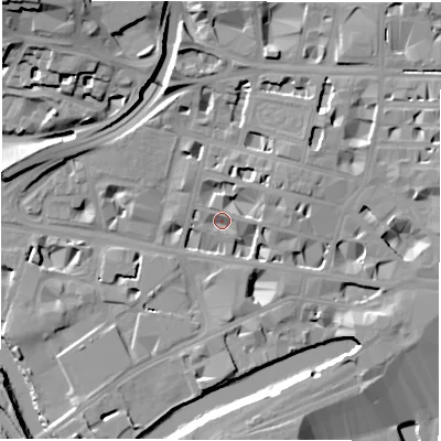 Shaded relief map of the ground around LS12EX, computed from Environment Agency LiDAR. The ground here sits at about 31 m above sea level and falls 25 m across the surrounding 800 m. Surface water reaching this point runs off ground lying to the east-north-east, 5.4 m higher.