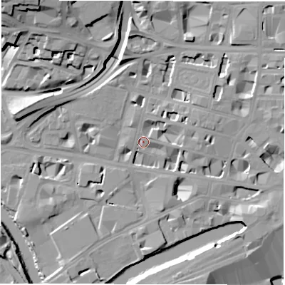 Shaded relief map of the ground around LS12EY, computed from Environment Agency LiDAR. The ground here sits at about 31 m above sea level and falls 26 m across the surrounding 800 m. Surface water reaching this point runs off ground lying to the east-north-east, 6.4 m higher.