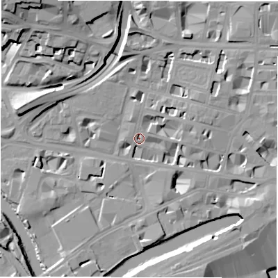 Shaded relief map of the ground around LS12TW, computed from Environment Agency LiDAR. The ground here sits at about 30 m above sea level and falls 25 m across the surrounding 800 m. Surface water reaching this point runs off ground lying to the east-north-east, 7.9 m higher.