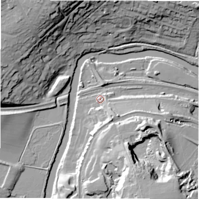 Shaded relief map of the ground around LS131EQ, computed from Environment Agency LiDAR. The ground here sits at about 46 m above sea level and falls 44 m across the surrounding 800 m. Surface water reaching this point runs off ground lying to the south-south-east, 14.1 m higher.