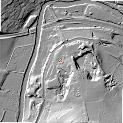 Shaded relief map of the ground around LS131ER, computed from Environment Agency LiDAR. The ground here sits at about 60 m above sea level and falls 60 m across the surrounding 800 m. Surface water reaching this point runs off ground lying to the east-south-east, 9.8 m higher.