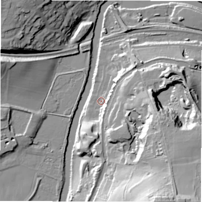Shaded relief map of the ground around LS131FF, computed from Environment Agency LiDAR. The ground here sits at about 44 m above sea level and falls 60 m across the surrounding 800 m. Surface water reaching this point runs off ground lying to the east, 11.4 m higher.