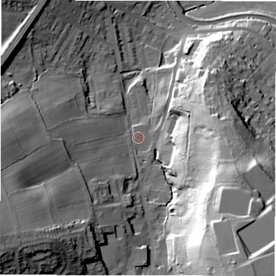 Shaded relief map of the ground around LS131FJ, computed from Environment Agency LiDAR. The ground here sits at about 63 m above sea level and falls 60 m across the surrounding 800 m. Surface water reaching this point runs off ground lying to the south-east, 49.3 m higher.
