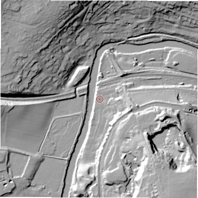 Shaded relief map of the ground around LS131GA, computed from Environment Agency LiDAR. The ground here sits at about 43 m above sea level and falls 45 m across the surrounding 800 m. Surface water reaching this point runs off ground lying to the east-south-east, 18.4 m higher.