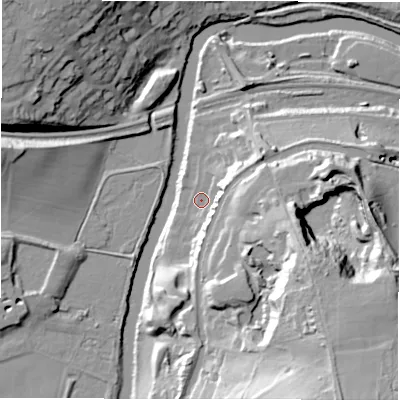 Shaded relief map of the ground around LS131GE, computed from Environment Agency LiDAR. The ground here sits at about 44 m above sea level and falls 52 m across the surrounding 800 m. Surface water reaching this point runs off ground lying to the south-east, 39.1 m higher.