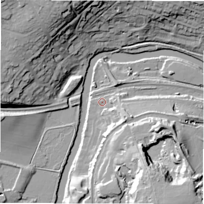 Shaded relief map of the ground around LS131GH, computed from Environment Agency LiDAR. The ground here sits at about 43 m above sea level and falls 44 m across the surrounding 800 m. Surface water reaching this point runs off ground lying to the south-east, 14.2 m higher.