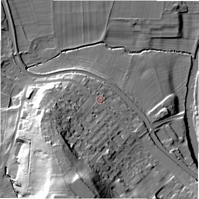 Shaded relief map of the ground around LS131HP, computed from Environment Agency LiDAR. The ground here sits at about 58 m above sea level and falls 59 m across the surrounding 800 m. Surface water reaching this point runs off ground lying to the south-west, 30.5 m higher.