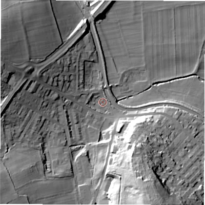 Shaded relief map of the ground around LS131HT, computed from Environment Agency LiDAR. The ground here sits at about 54 m above sea level and falls 45 m across the surrounding 800 m. Surface water reaching this point runs off ground lying to the south-south-east, 37.7 m higher.