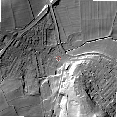Shaded relief map of the ground around LS131HU, computed from Environment Agency LiDAR. The ground here sits at about 54 m above sea level and falls 50 m across the surrounding 800 m. Surface water reaching this point runs off ground lying to the south-south-east, 40.9 m higher.