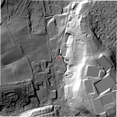 Shaded relief map of the ground around LS131JA, computed from Environment Agency LiDAR. The ground here sits at about 64 m above sea level and falls 59 m across the surrounding 800 m. Surface water reaching this point runs off ground lying to the south-east, 52.6 m higher.