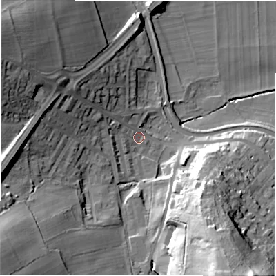 Shaded relief map of the ground around LS131LB, computed from Environment Agency LiDAR. The ground here sits at about 56 m above sea level and falls 48 m across the surrounding 800 m. Surface water reaching this point runs off ground lying to the west-north-west, 20.2 m higher.